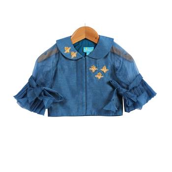 Turquoise Blue Printed Chanderi Lehenga with Peter Pan Collar Crop Top 2