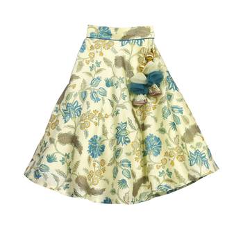 Turquoise Blue Printed Chanderi Lehenga with Peter Pan Collar Crop Top 3