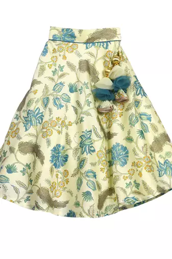 Turquoise Blue Printed Chanderi Lehenga with Peter Pan Collar Crop Top