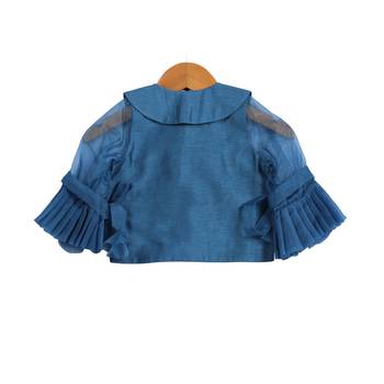 Turquoise Blue Printed Chanderi Lehenga with Peter Pan Collar Crop Top 4
