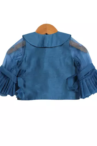 Turquoise Blue Printed Chanderi Lehenga with Peter Pan Collar Crop Top