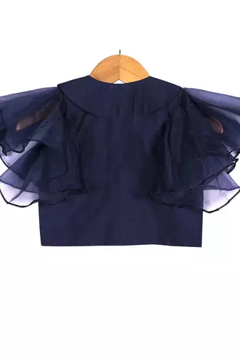 Pink & Blue Banarasi Chanderi Silk Lehenga with Peter Pan Collar Crop Top