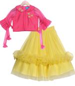 Yellow & pink Chanderi Ruffle Skirt with Peter Pan Collar Crop Top
