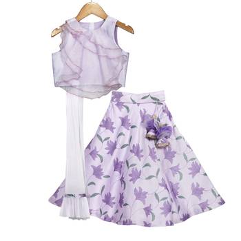 Mauve Printed Lehenga with Sheer Organza Layered Crop Top 1
