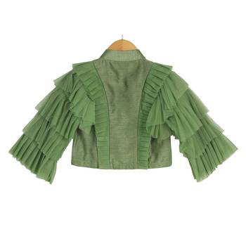 Ivory & Green Floral Lehenga with Ruffle Sleeves Top 3