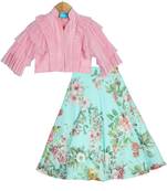 Light Blue & Pink Floral Lehenga with Ruffle Sleeves Top