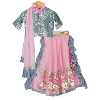 Grey & Pink Chanderi Lehenga with Printed Top 1