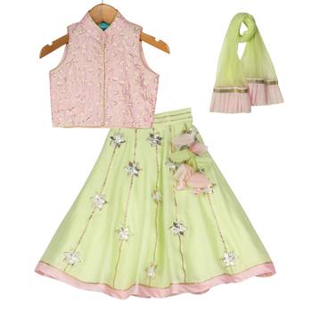 Pink & Light Green Chanderi Silk Lehenga with thread sequins embroidered Top 1