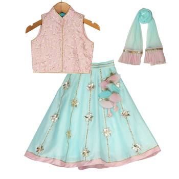 Pink & Light Blue Chanderi Silk Lehenga with thread sequins embroidered Top 1