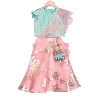 Pink & Blue Pure Foil Organza Lehenga with Brocade Top 1