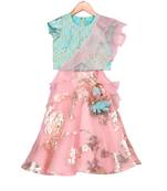 Pink & Blue Pure Foil Organza Lehenga with Brocade Top