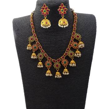 Ruby Green Stones Flower Design Short Necklace with Matching Earrings 1