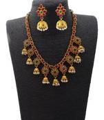 Ruby Green Stones Flower Design Short Necklace with Matching Earrings