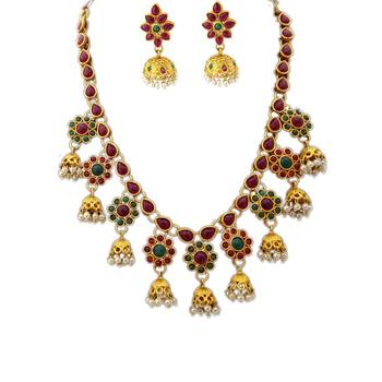 Ruby Green Stones Flower Design Short Necklace with Matching Earrings 2