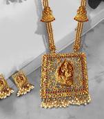 Temple Kemp Laxmi Ji shankh Square Pendant Ruby Green Colour Long Necklace with Matching Earring Set