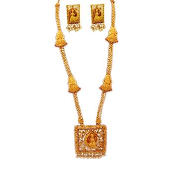 Temple Kemp Laxmi Ji shankh Square Pendant Ruby Green Colour Long Necklace with Matching Earring Set 2