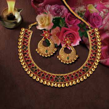 Small U Shape Gold Color Necklace with Pear Shape Ruby Green Stones with Matching Earring Set 1