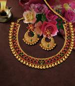 Small U Shape Gold Color Necklace with Pear Shape Ruby Green Stones with Matching Earring Set