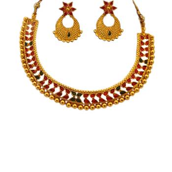 Small U Shape Gold Color Necklace with Pear Shape Ruby Green Stones with Matching Earring Set 2