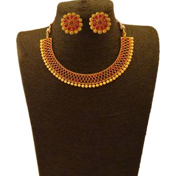 Small U Shape Gold Color Necklace with Pear and Oval Ruby Stones with Matching Earring Set 1