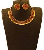 Small U Shape Gold Color Necklace with Pear and Oval Ruby Stones with Matching Earring Set