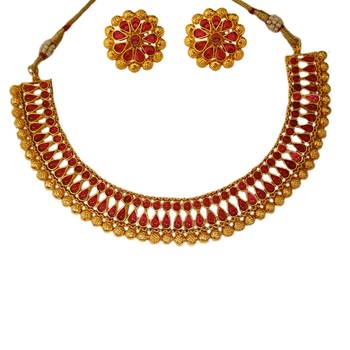 Small U Shape Gold Color Necklace with Pear and Oval Ruby Stones with Matching Earring Set 2