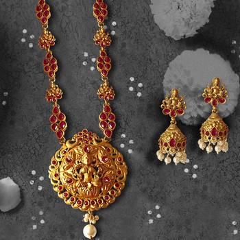 Temple Laxmi Ji Ruby Studded Long Necklace with Matching Earrings 1
