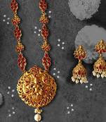 Temple Laxmi Ji Ruby Studded Long Necklace with Matching Earrings