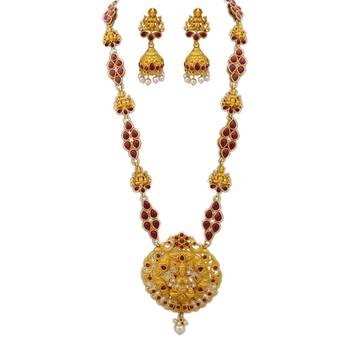 Temple Laxmi Ji Ruby Studded Long Necklace with Matching Earrings 2