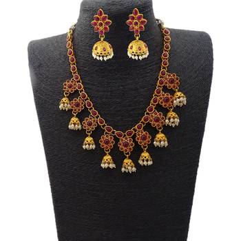 Ruby Stones Flower Design Short Necklace with Matching Earrings 1