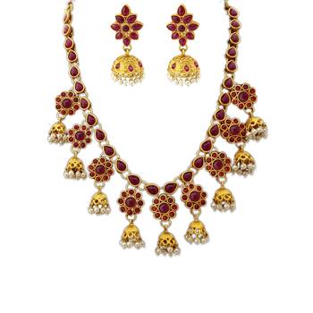 Ruby Stones Flower Design Short Necklace with Matching Earrings 2