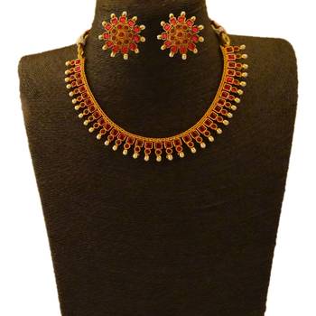 Small U Shape Gold Color Necklace with Square Ruby Stones with Matching Earring Set 1