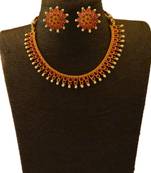 Small U Shape Gold Color Necklace with Square Ruby Stones with Matching Earring Set