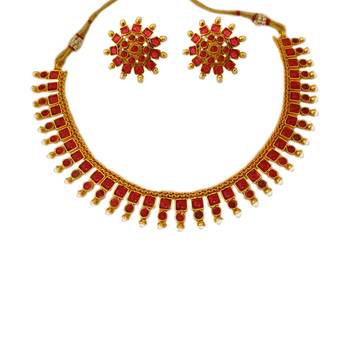 Small U Shape Gold Color Necklace with Square Ruby Stones with Matching Earring Set 2