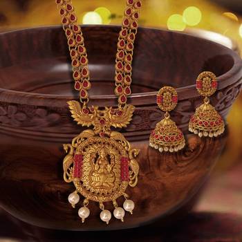 Temple Kemp Laxmi Ji Four Peacock Pendant Ruby Colour Long Necklace with Matching Earring Set 1
