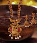 Temple Kemp Laxmi Ji Four Peacock Pendant Ruby Colour Long Necklace with Matching Earring Set