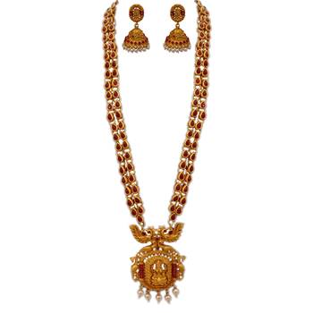 Temple Kemp Laxmi Ji Four Peacock Pendant Ruby Colour Long Necklace with Matching Earring Set 2