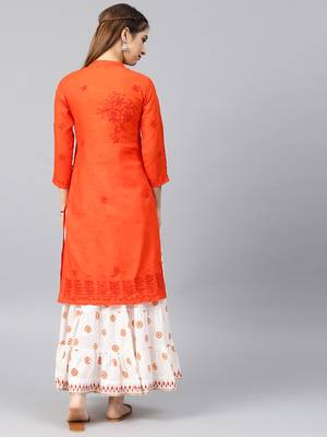 Dark-orange hand woven cotton chikankari-kurtis 2