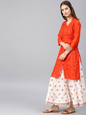 Dark-orange hand woven cotton chikankari-kurtis 3