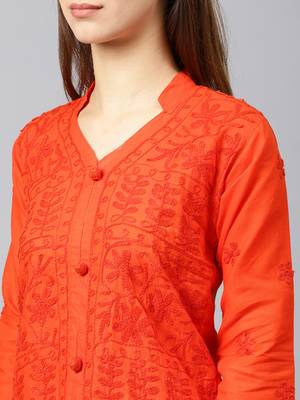 Dark-orange hand woven cotton chikankari-kurtis 4
