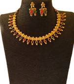 Small U Shape Gold Color Necklace with Pear Shape Ruby Green Stones with Matching Earring Set