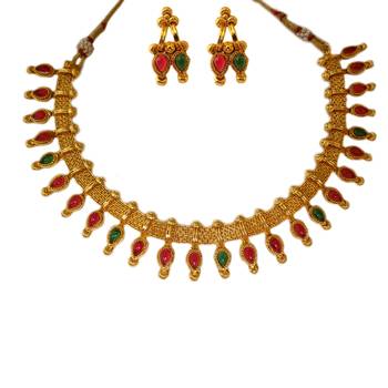 Small U Shape Gold Color Necklace with Pear Shape Ruby Green Stones with Matching Earring Set 2