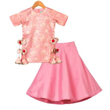 Pink Pink Brocade Kurti with Taffeta Lehenga 1