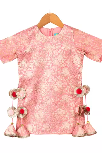 Pink Pink Brocade Kurti with Taffeta Lehenga