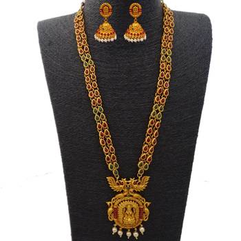 Temple Kemp Laxmi Ji Four Peacock Pendant Ruby Green Colour Long Necklace with Matching Earring Set 1