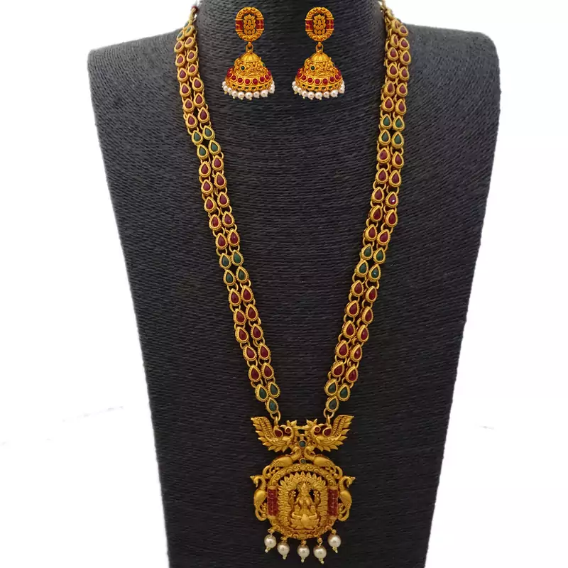 Temple Kemp Laxmi Ji Four Peacock Pendant Ruby Green Colour Long Necklace with Matching Earring Set