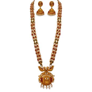 Temple Kemp Laxmi Ji Four Peacock Pendant Ruby Green Colour Long Necklace with Matching Earring Set 2