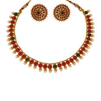 Small U Shape Gold Color Necklace with Round Shape Ruby Green Stones with Matching Earring Set 1