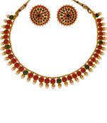 Small U Shape Gold Color Necklace with Round Shape Ruby Green Stones with Matching Earring Set