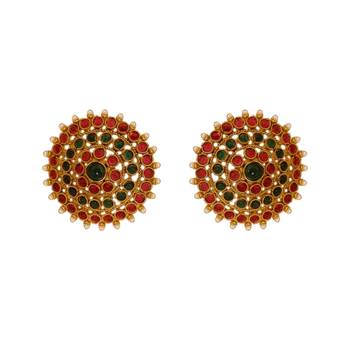 Small U Shape Gold Color Necklace with Round Shape Ruby Green Stones with Matching Earring Set 2